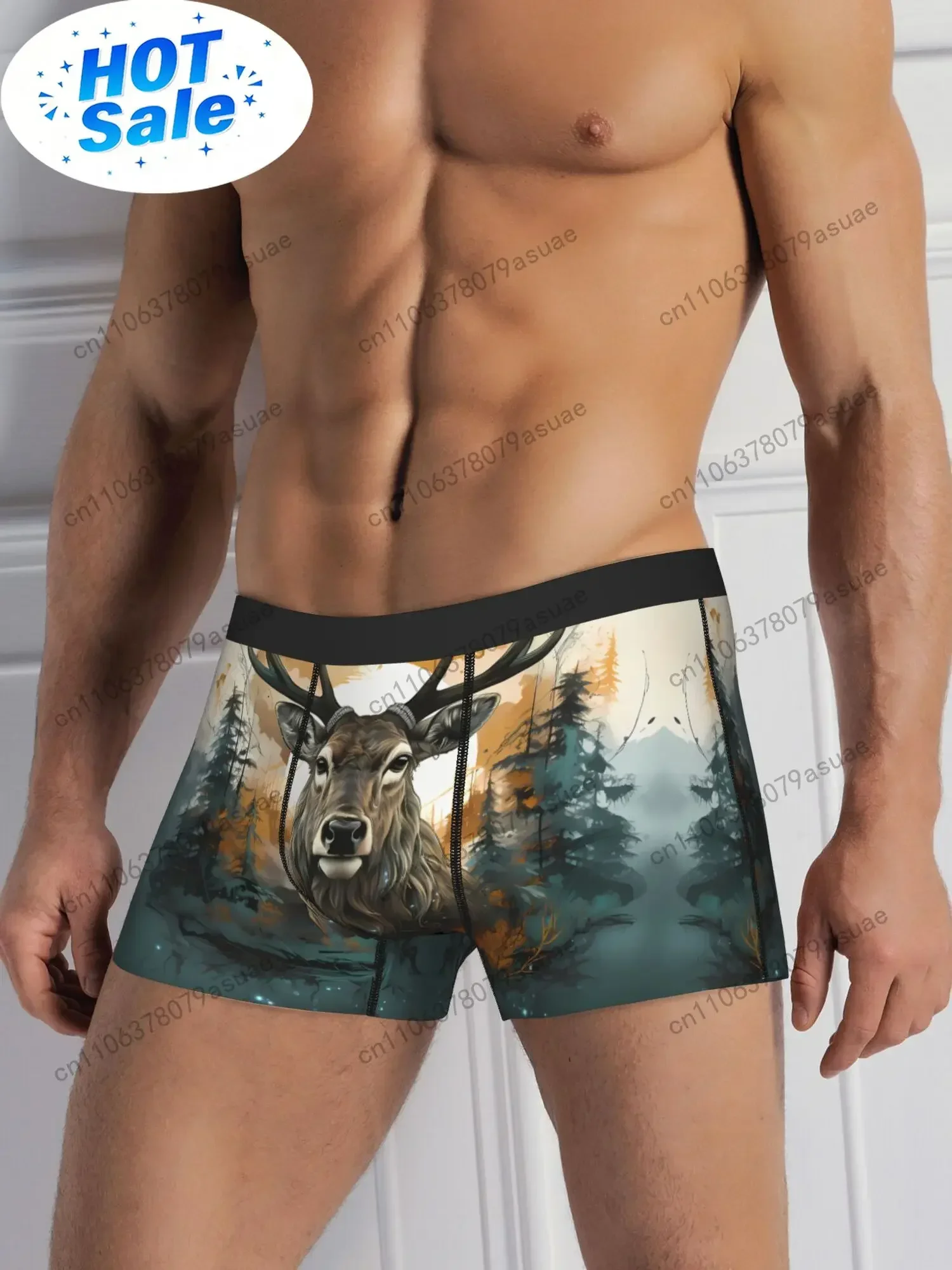 Deer Print Underwear - Polyester Boxer Briefs with Elastic Waistband Medium Stretch Green Forest Design Comfortable & Black