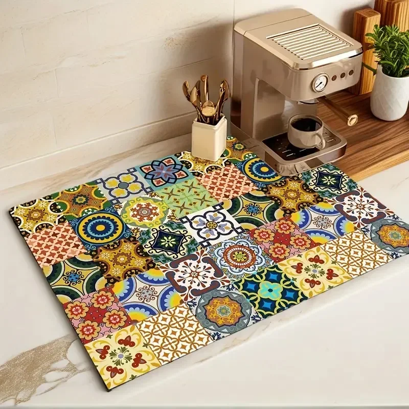Retro Boho Style Drying Mat Non Slip Absorbent Mat Diatoms Tableware Kitchen Counter Drain Mat Coffee Bar