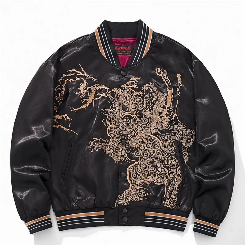 أسود الخامس الرقبة النمط الياباني المدرب سترة الشارع الشهير خمر الرجال البيسبول سترة 2025 التنين التطريز ملابس خارجية معاطف #2