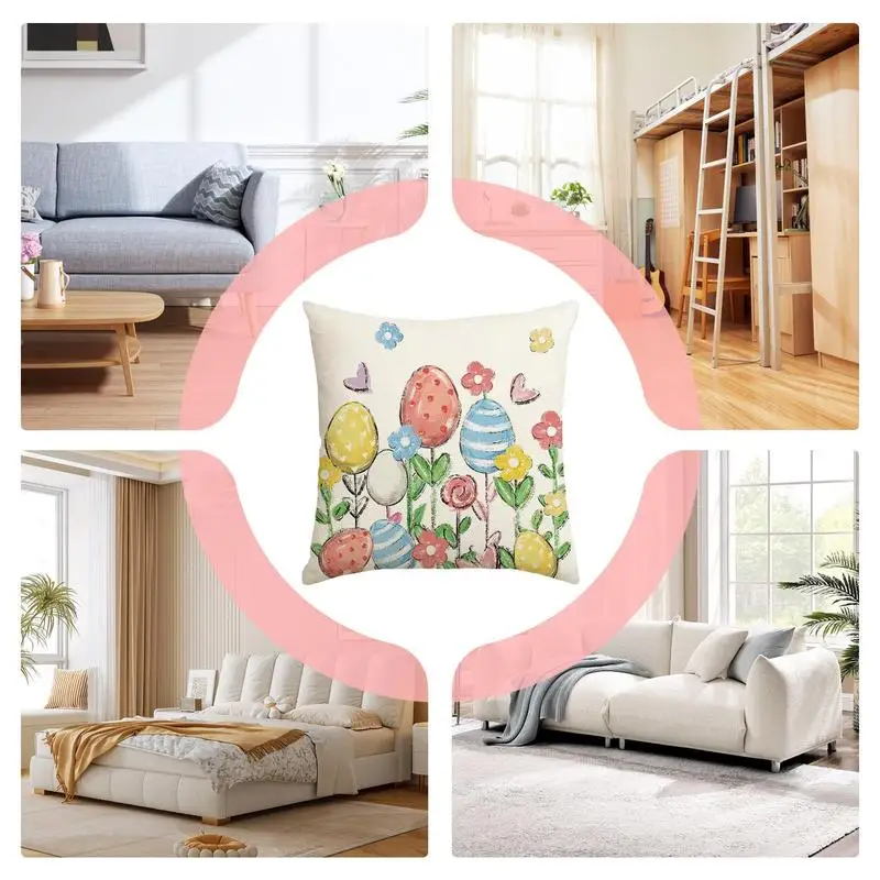 Fundas de almohada de huevo de Pascua, funda de almohada cuadrada decorativa de 18x18 pulgadas, funda de cojín elegante para decoración del hogar, fundas de almohada de lino para granja