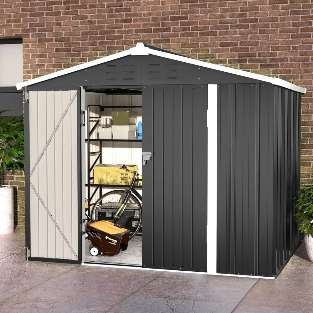 

Metal Outdoor Storage Shed 8FT x 6FT, Outside Lockable Garden Shed Steel Anti-Corrosion Outdoor Storage House with Lockable Door