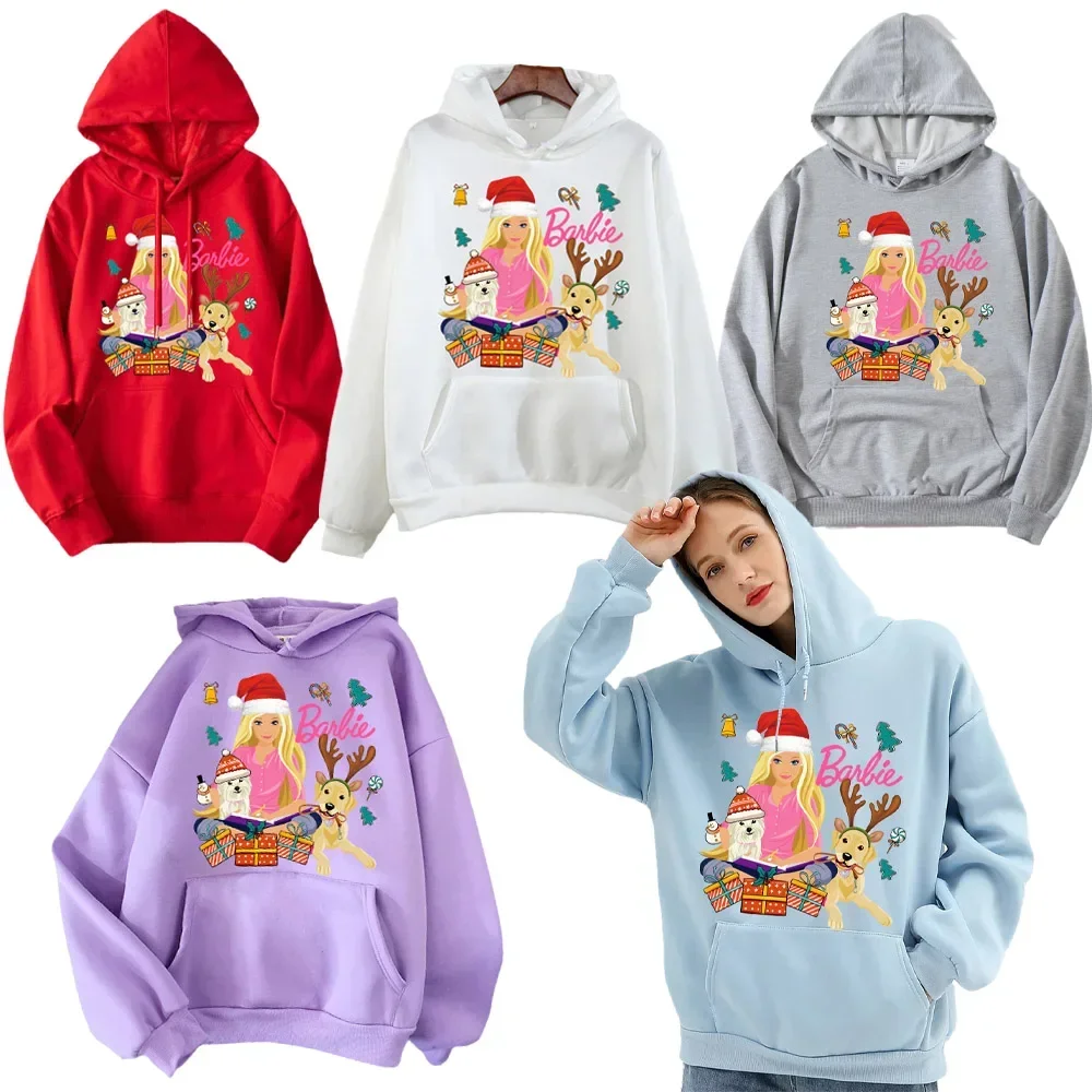 Barbie Thickened Fleece Sweater Hoodie Loose Jacket Women's Fashionable Long Sleeve Christmas Style Hooded Sweatshirt Kids Gifts