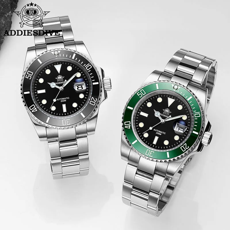 ADDIESDIVE New Automatic Dive Watch for Men Luminous Ceramic Bezel Steel Watches Sapphire 200m Swim Sport Mechanical Male Watch