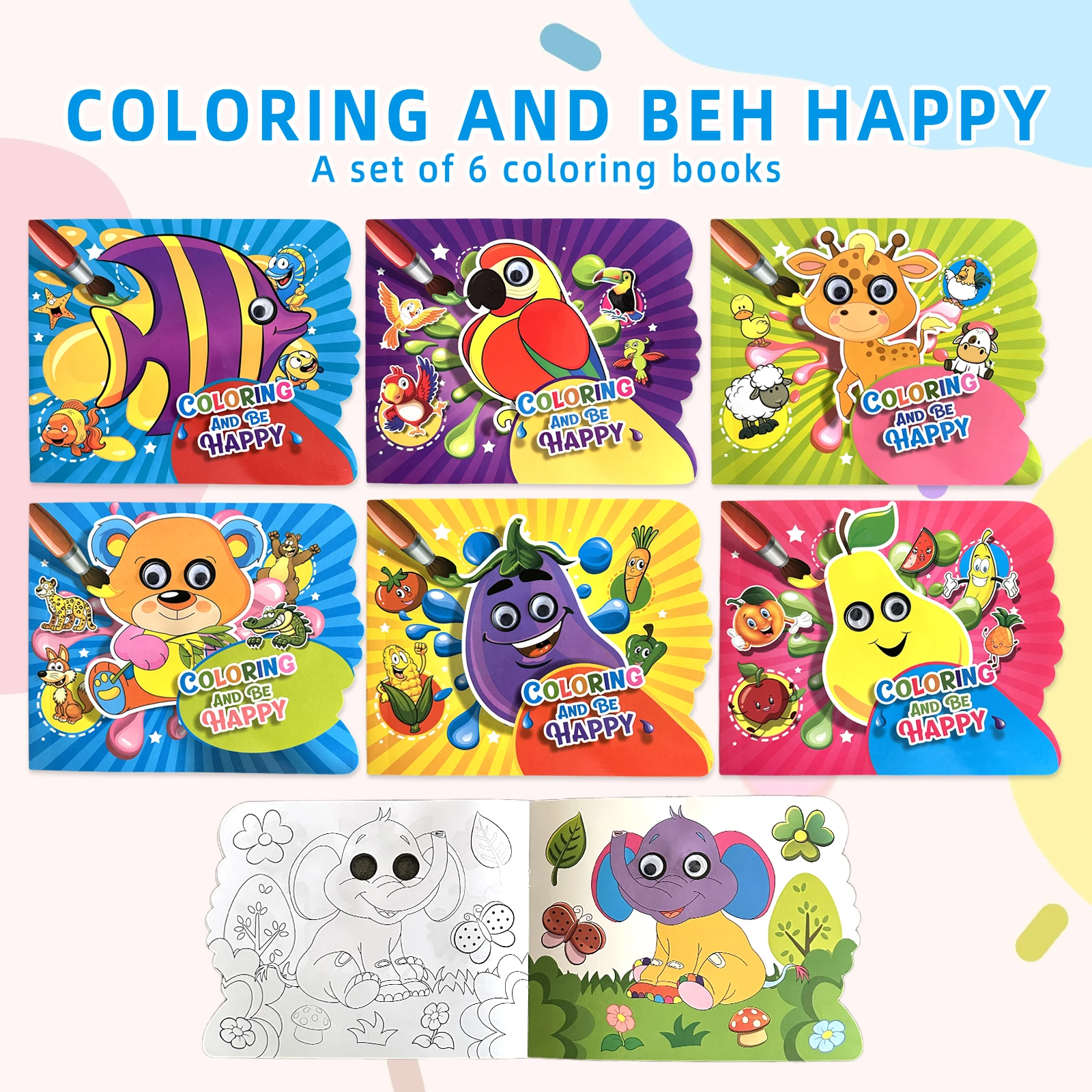 

1 Set Of 6 Children Coloring Book Creative Cover Moving “little eyes” Design Children's Early Education Class Drawing Book Gifts