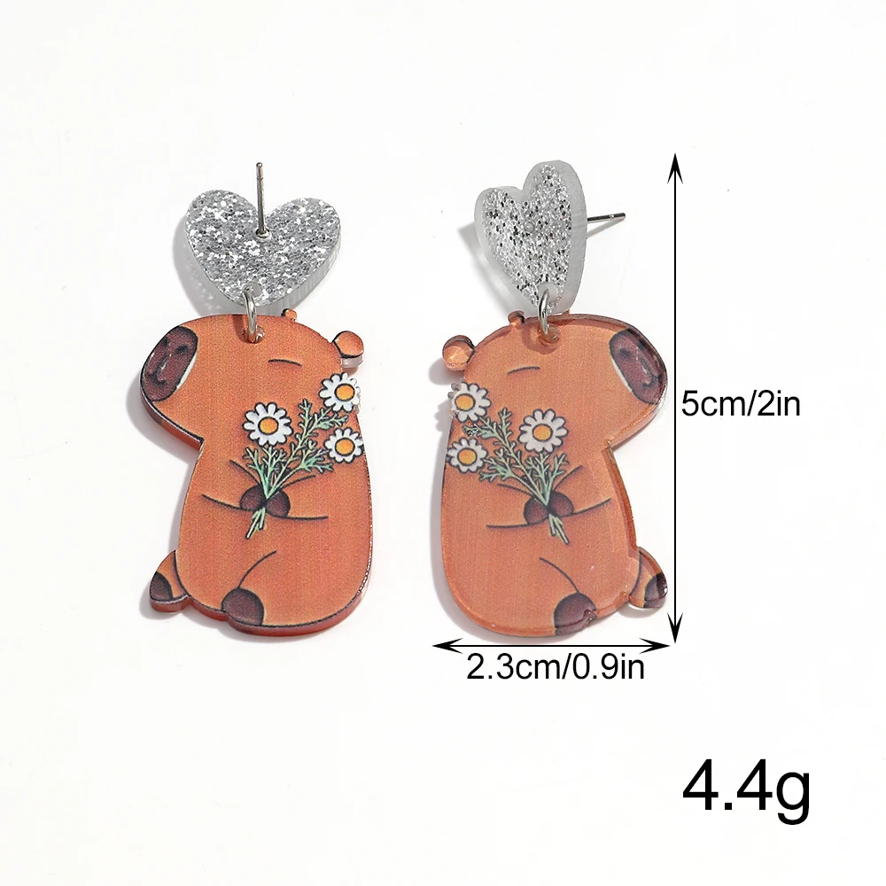 New Cute Groundhog Daisy Acrylic Earrings for Women Fashion Cartoon Flower Capybara Animal Drop Earring Funny Jewelry Gifts