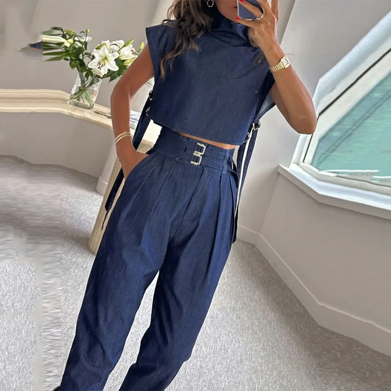 Women Pants Sets Pullover Tops Short Turtleneck Solid Two Pieces Wide Leg Pants Sashes Ankle Length Loose Fit Pockets 2024