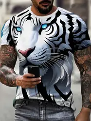 Men's White Tiger Print T-Shirt 3D Animal Pattern Trend Personality O-Neck Short Sleeve Oversized T-Shirt Summer Street Clothing