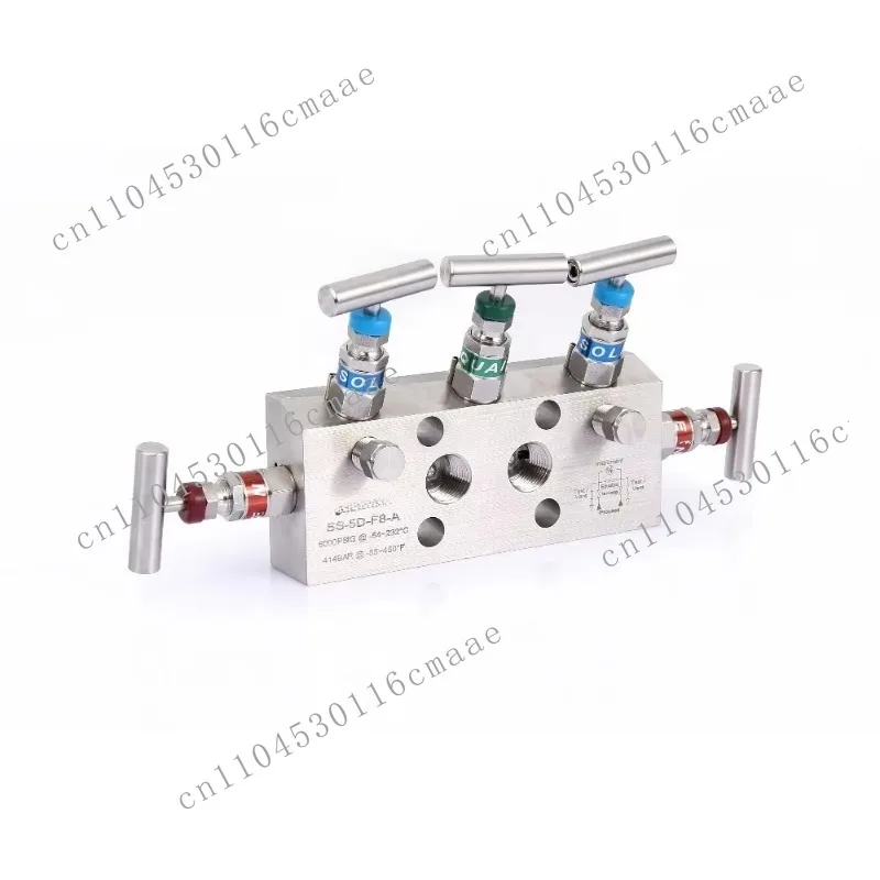 Manual 5-way Valve Manifold, Needle Configuration, Max Pressure 6000 psi, Plug Exhaust, Port Size 1/4 