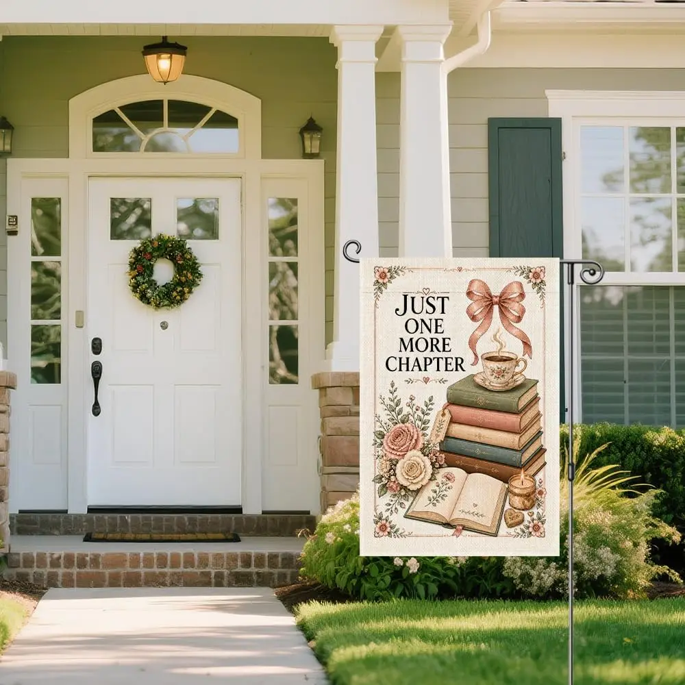 Just One More Chapter Garden Flag 12x18'' Book Lover Gifts for Women | Floral Bow Tea Reading Outdoor Decor for Litt uui