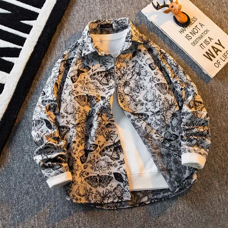 Men\'s retro vintage high-end jacquard butterfly shirt men\'s high-end loose fitting casual long sleeved shirt men streetwear