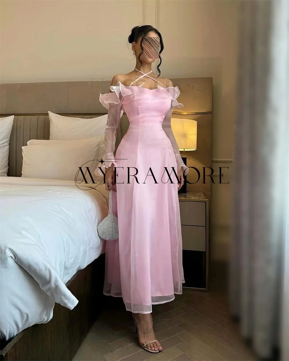 فساتين سهرة وردية عصرية مكشوفة الكتف وأكمام طويلة بطول الكاحل فساتين حفلات مخصصة رداء السهرة