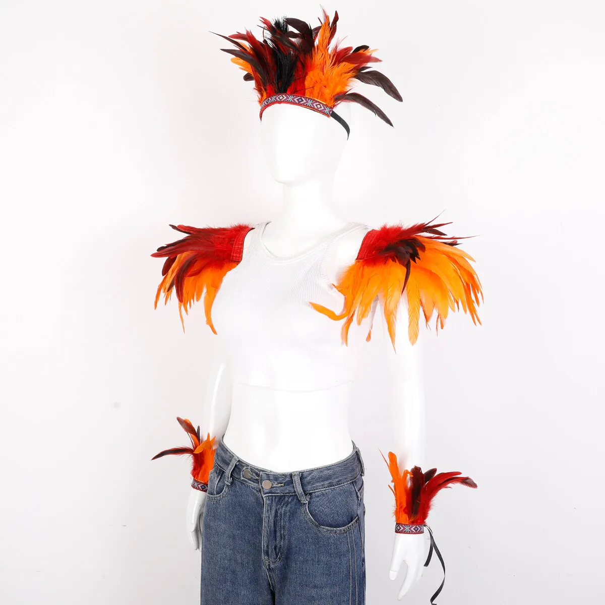 Halloween Gothic Carnival Three-Piece Costume Set includes a feather headdress shoulder ornaments costume and role-playing props