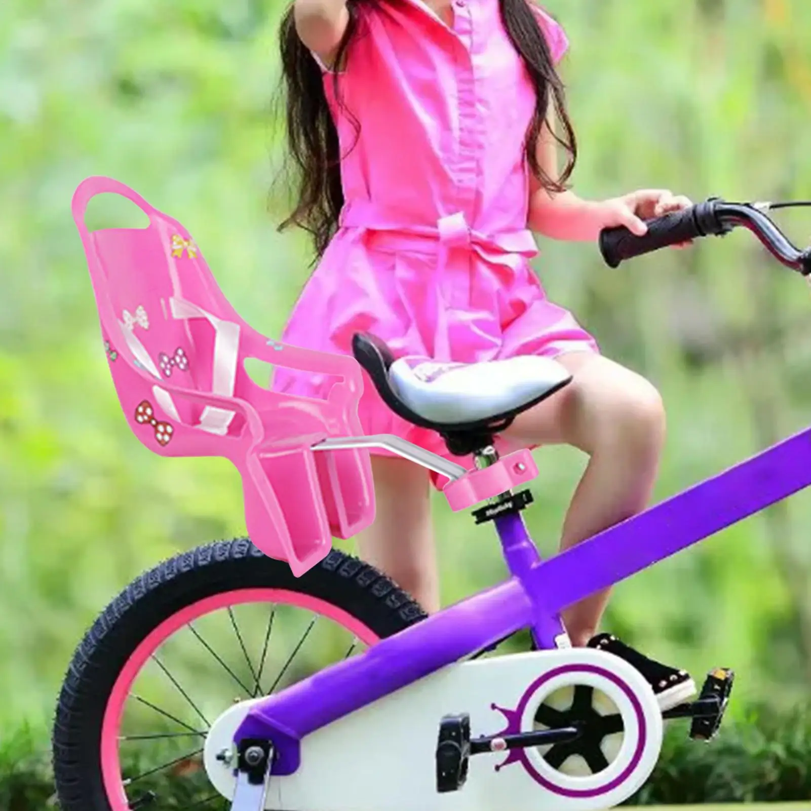 Assento decorativo de bicicleta de boneca com adesivos, acessório de bicicleta infantil para brinquedos de pelúcia, acessórios de cadeira de bicicleta de animais de pelúcia