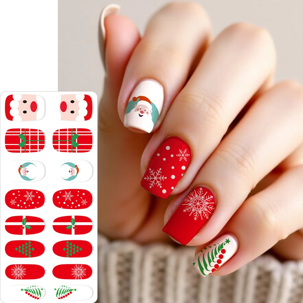 สติกเกอร์ติดเล็บลายคริสต์มาสแบบเต็มแผ่น 1 ชิ้น ลายเกล็ดหิมะ ซานตาคลอส ลายจุด ติดเองได้ สำหรับตกแต่งเล็บคริสต์มาส