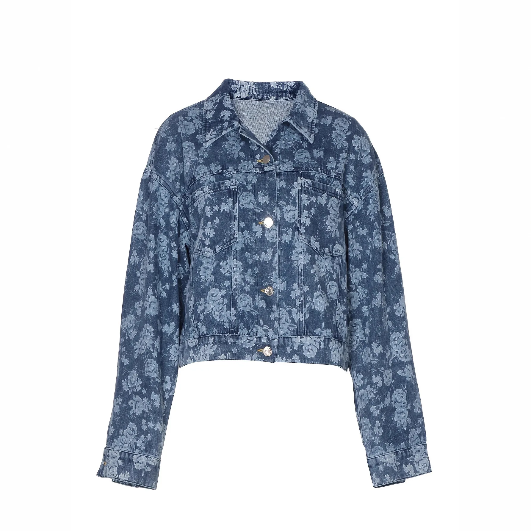 Women's Denim Jacket Casual Washed Floral Print Stand Collar Buttoned Coat Autumn Fashion Outerwear by