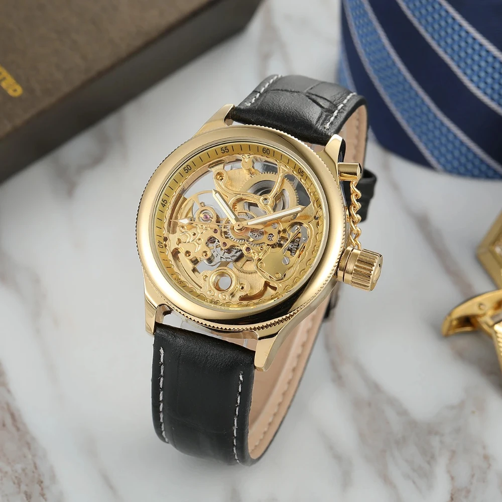 Mens Watches Top Brand Luxury Golden Automatic Self Wind Mechanical Watch Men Skeleton Carved Dial Business Casual Male Clock