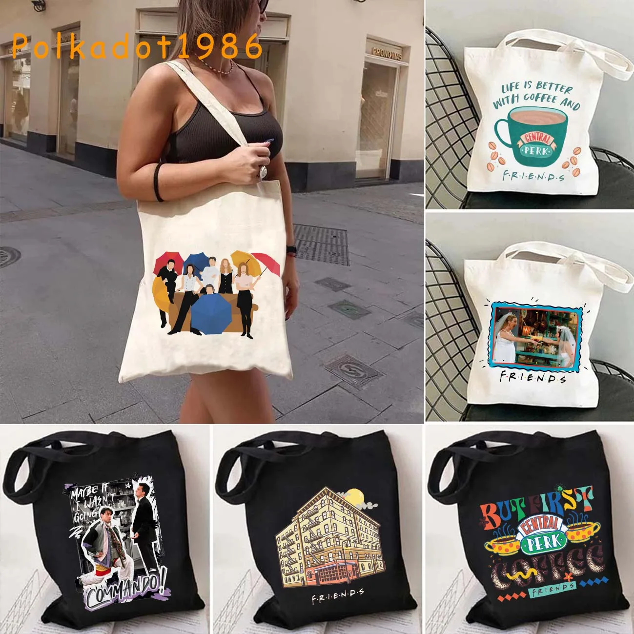 

Central Perk Coffee Friends TV Show Frame Door Monica Women's Canvas Shoulder Totes Bag Harajuku Shopper Reusable Cotton Handbag
