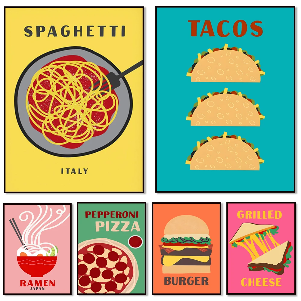 Food Poster, Preppy Room Decor, Burger Pizza Taco Ramen Pasta, Minimalist Art Deco, Retro Pop Art Bright Funny Food Print