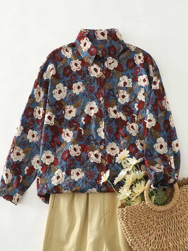 

Early Autumn Loose Sun Protection irt Women's Faionable Vintage Print Cotton Polyester Blend Long Sve Button up Top