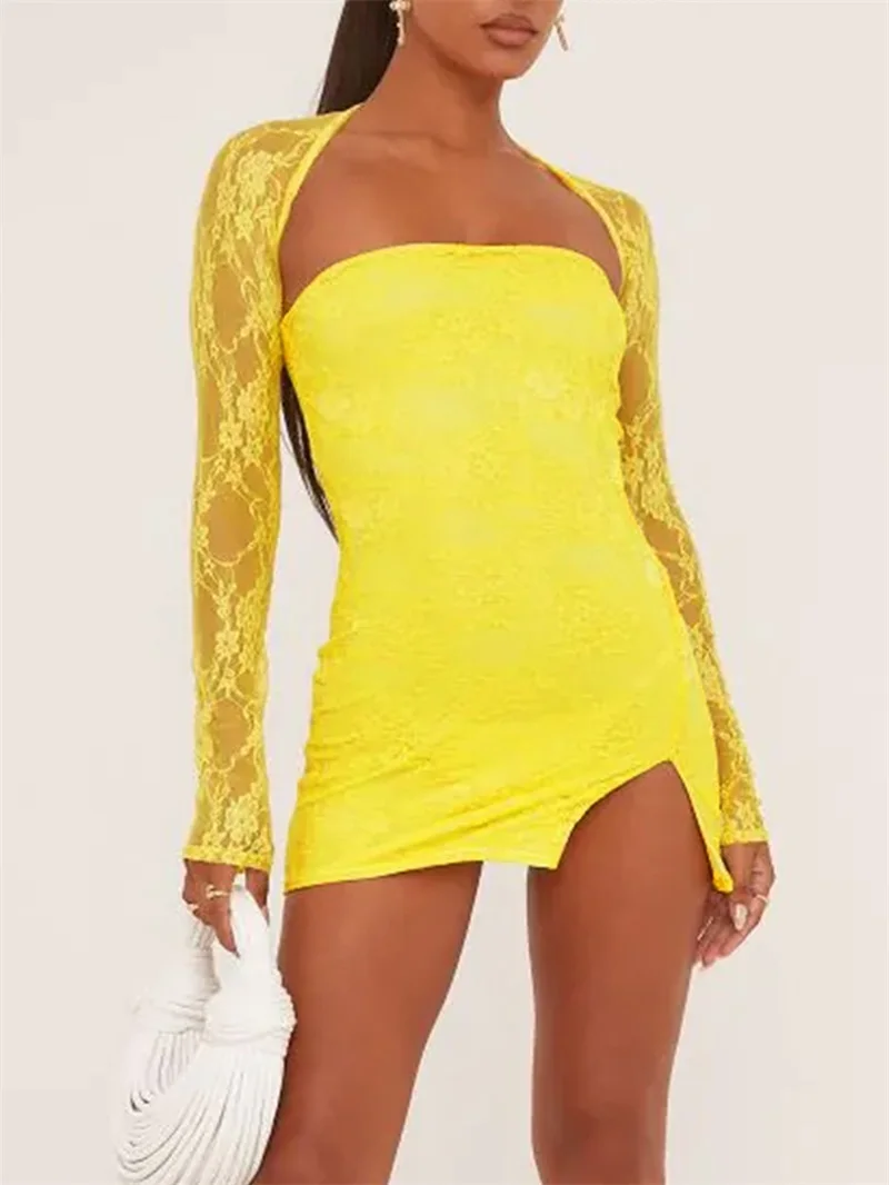 

Fashionable Yellow Lace Party Dress See Tthrough Chest Wrapped Long Sleeved Prom Gown Sexy Slim Fit Hip Hugging Evening Robes