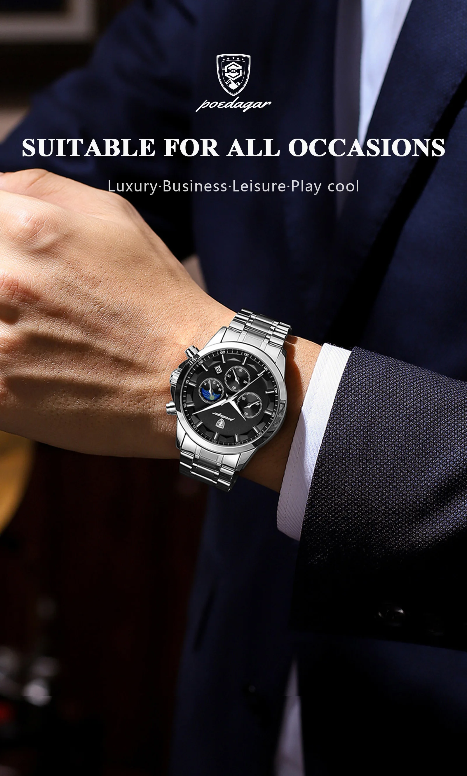 POEDAGAR Herrenuhr Wasserdicht Leuchtend Edelstahl Mode Herrenuhr Chronograph Datum Quarz Business Herrenuhren – Detail 13