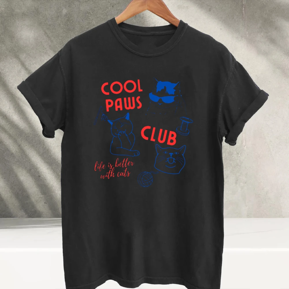 Cool Paws Club Cute Cat Line Art Graphic T-Shirt Life Is Better with Cats Print Casual Cotton Short Sleeve Pet Lover Tee Shirts