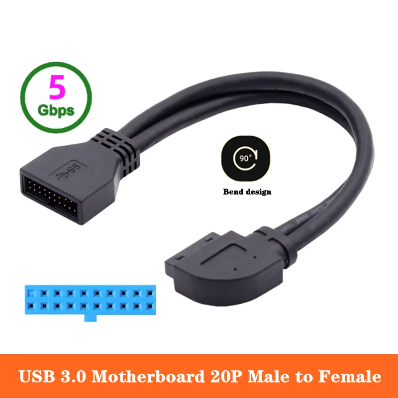 20cm Front 19 Pin Extension Wire USB 3.0 Elbow 90 Degree 19P Extension Wire Motherboard Pin IDC Male to Female 20P Wire