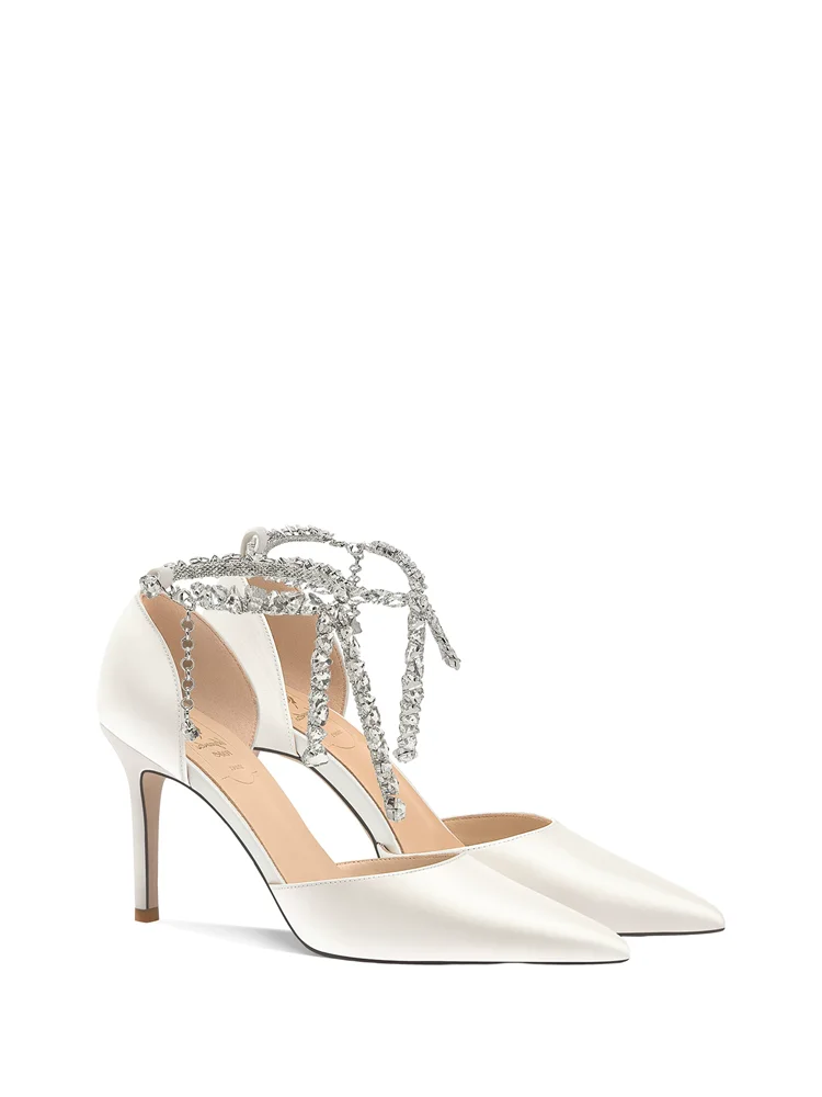Spring and summer new pointed hollow white silk rhinestone strap wedding shoes banquet large size slim high-heeled women sandals