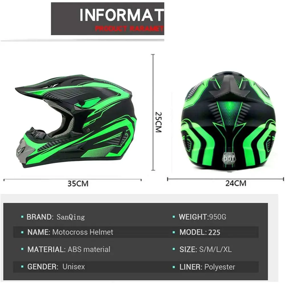 Jeugd ATV crossmotorhelm met handschoenen, bril en masker, DOT-gecertificeerd, 4-delige set, groen, maat S
