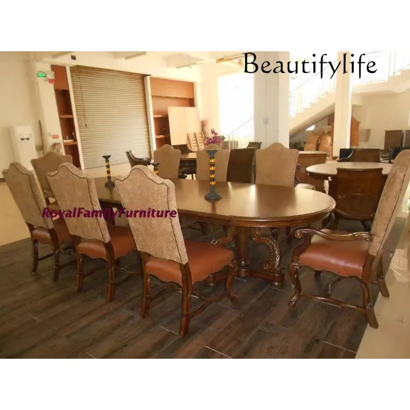 American light luxury designer solid wood leather cloth joined armrest dining chair, villa dining table and chairs