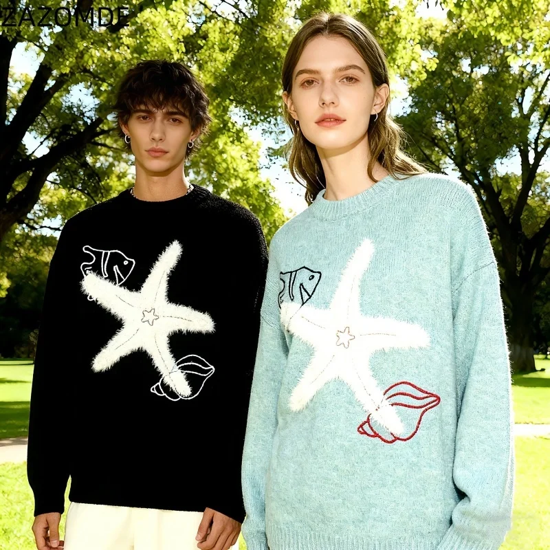 

ZAZOMDE Vintage Cartoon Starfish Print Sweater For Men Retro Fashion Knit Pullover Long Sleeve Comfortable Top Casual Daily Wear