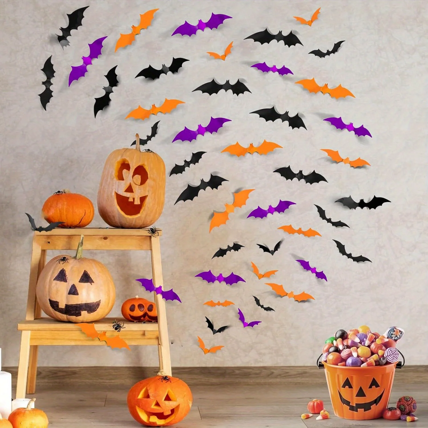 72-teiliges Halloween-Fledermaus-Dekorationsset, 4 Verschiedene Größen Realistische PVC Schwarze, Lila und Orange 3D Gruselige Fledermaus-Aufkleber für Heimdekoration