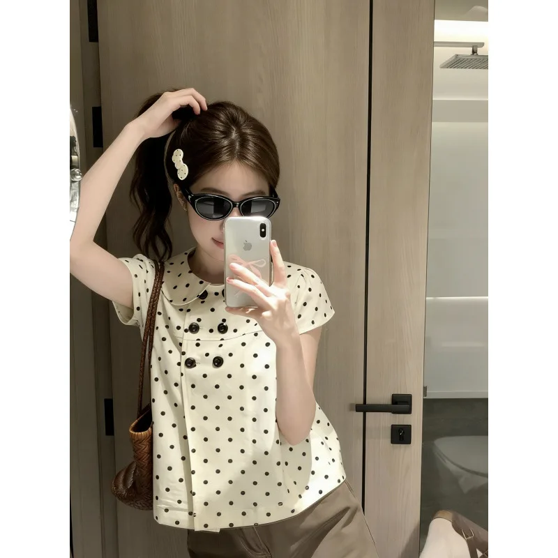 Cream Beige Y2K Polka Dot Peter Pan Collar Short Sleeve Blouse For Women Sweet Cute Double Breasted Casual Commuted Summer Top