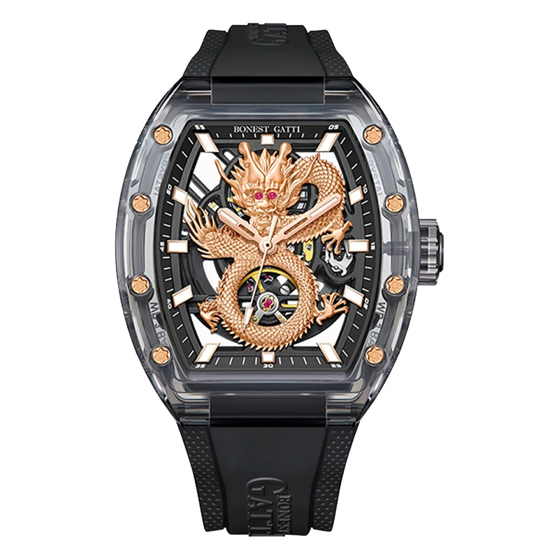 BONEST GATTI Men Automatic Watch Dragon Tonneau Mechanical Wristwatch Crystal Case Sapphire Luminous Fluororubber Hollowout Dial