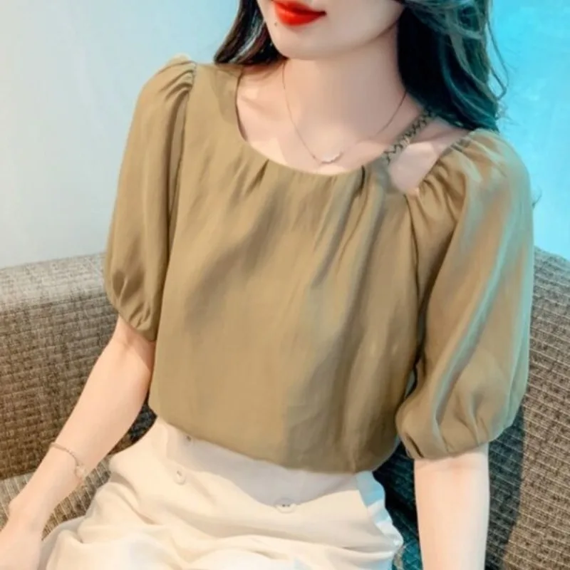 French Style Chic Puff Sleeve Chiffon Blouses 2024 Summer New Women\'s Solid Hollow Out Ruched Loose Commute Crew Neck Shirt Tops