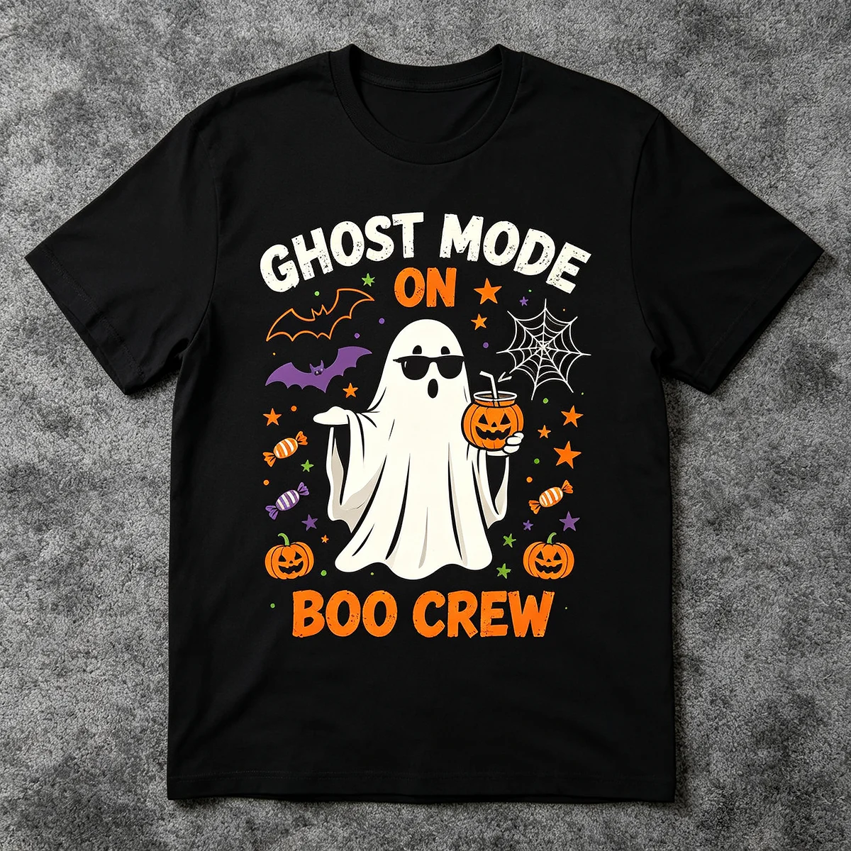 Ghost Mode On Boo Crew Funny Halloween Ghost Graphic T‑Shirt Spooky Season Slogan Print Unisex Cotton Streetwear Short Sleeve Tops for Men Women Halloween Party Group Gift