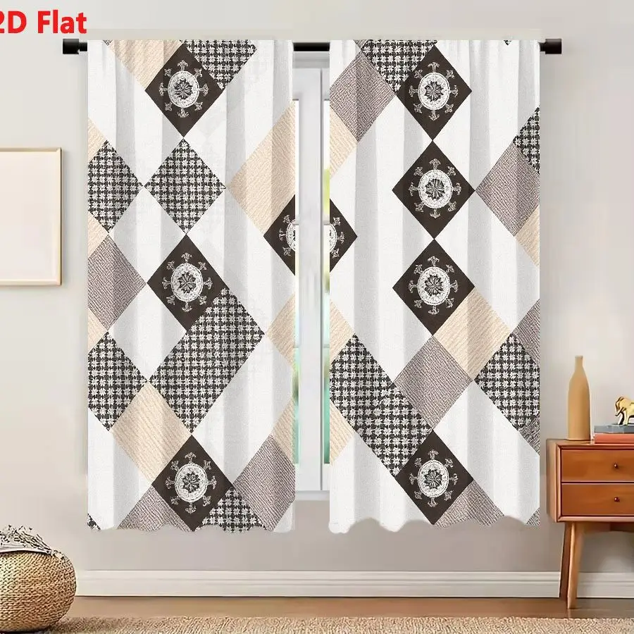 2Pcs Curtains 2D Flat Geometric Patchwork Pattern Fabric Wallpaper With Interlocking Diamond Square Tiles Houndstooth Checkered