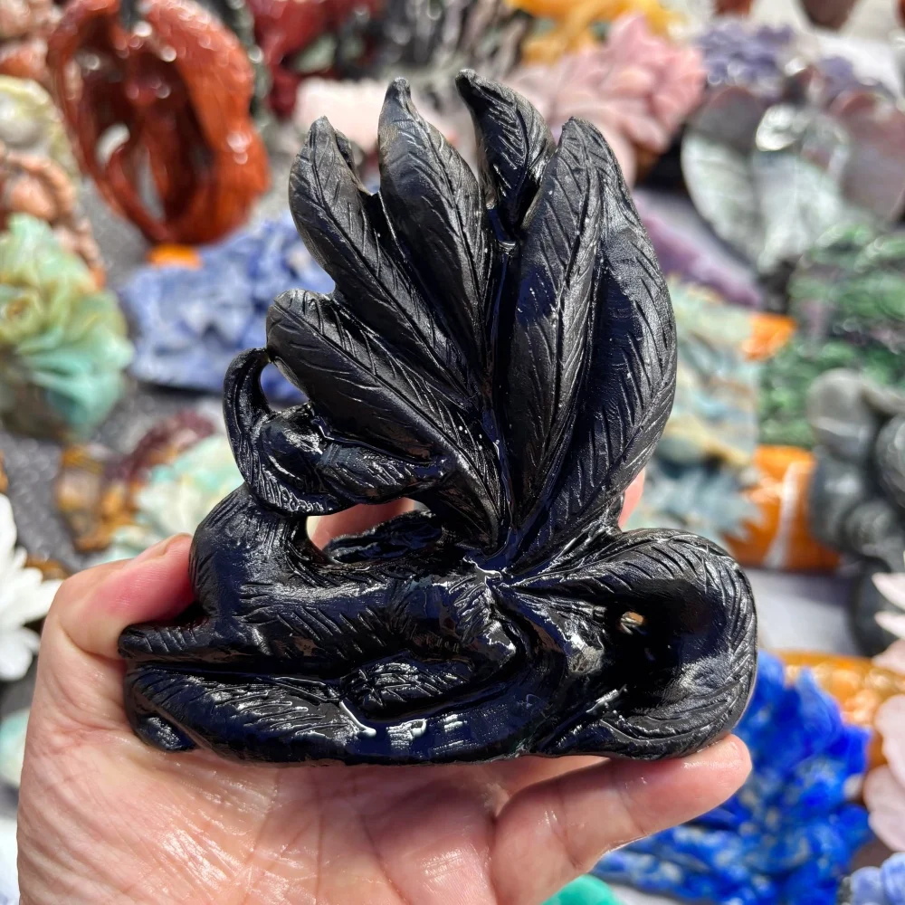 Natural Black Obsidian Nine-Tailed Fox Statue - Mythical Beast Crystal Home Altar Decor Spiritual Collectible Gift