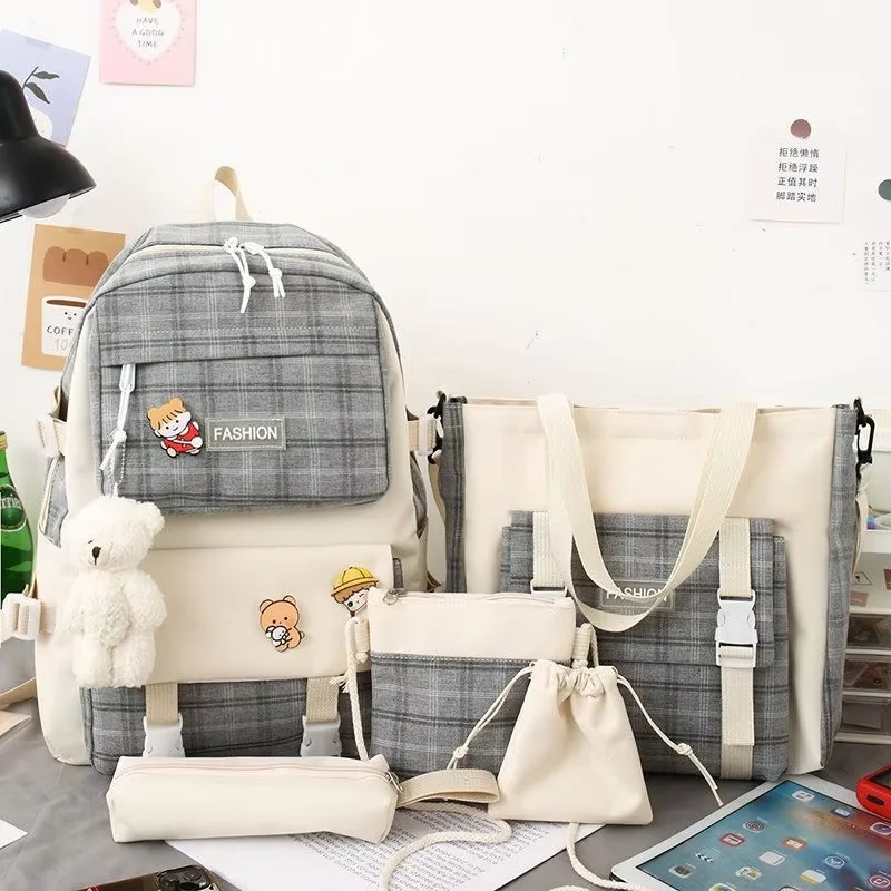 Backpack Japanese Cute Plaid Primary School Schoolbag Women's Korean Version Trend Backpack Five Piece Set Backpack