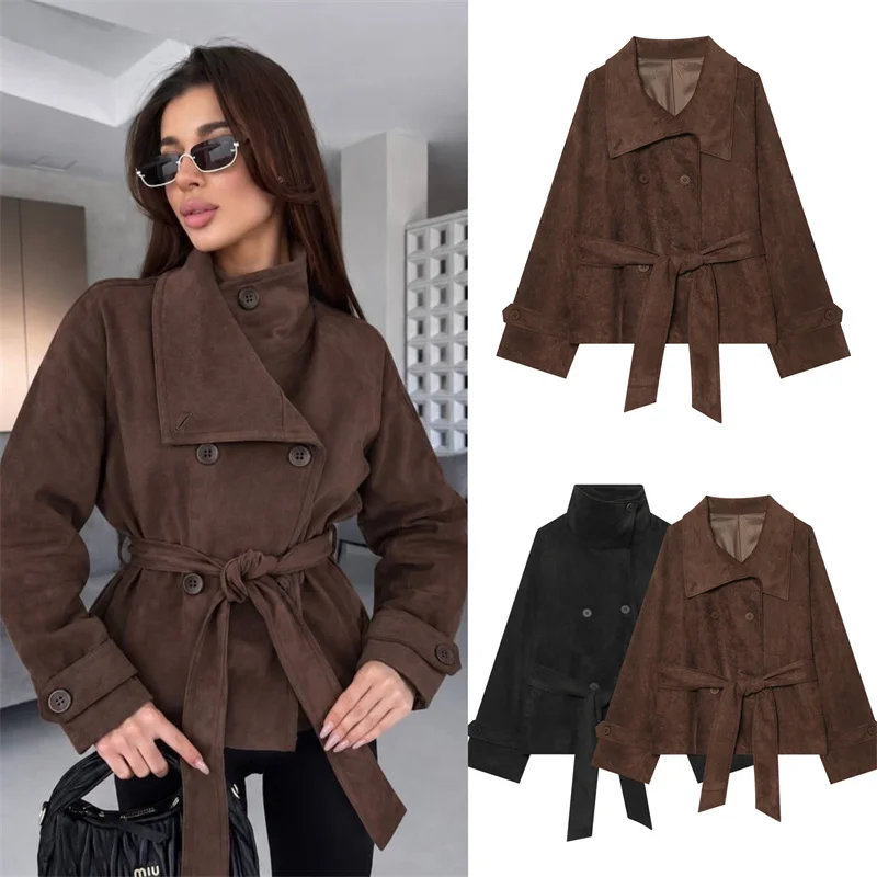 Guobioziy Women's Jacket 2026 Early Autumn New Fashion Suede Texture with Belt Closure Stand Collar Double-Breasted Jacket