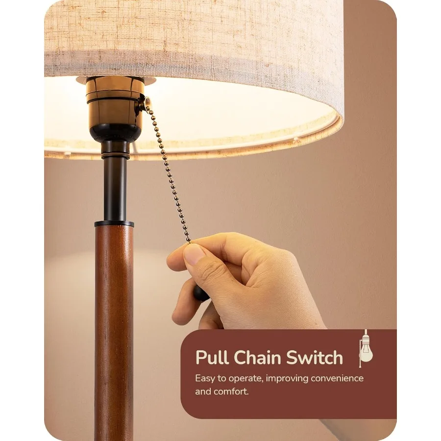 مصباح طاولة منتصف القرن، سلسلة سحب، مصباح بجانب السرير مع غطاء من الكتان، عمود من الخشب الصلب وقاعدة معدنية سوداء، منضدة حديثة L