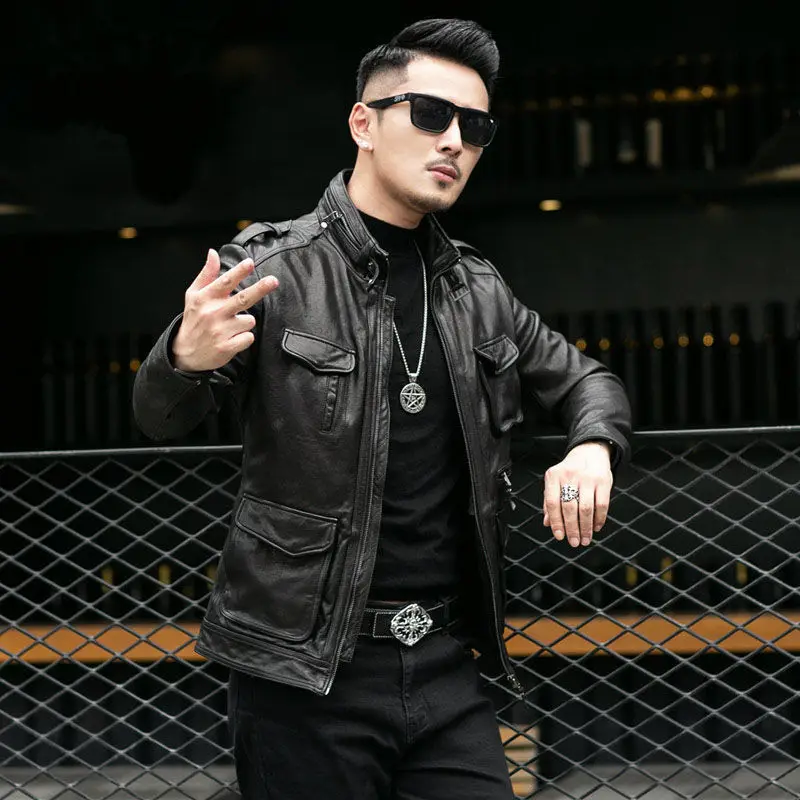 

2022 Spring Autumn Men Genuine Leather Jackets Men Streetweaar Real Sheepskin Coat Man Moto Biker Vintage Leather Jackets W27