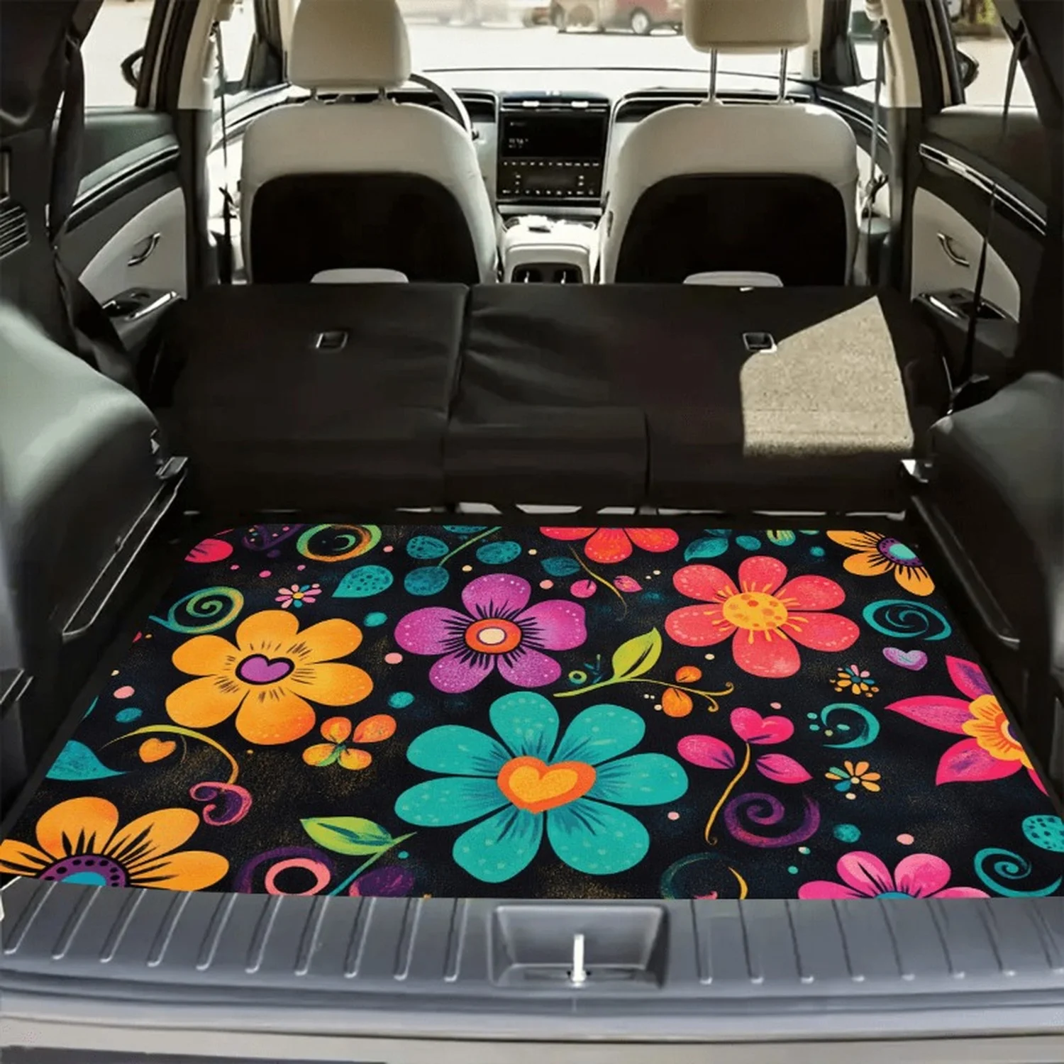 Car Trunk Mat, Black Background Colorful Retro Floral Print Rear Cargo Liner, Women Car decor, Car Accessories, Interior Decoration Mat, Non-Slip Trunk Protector, Universal Fit For Sedan SUV Truck, Vibrant