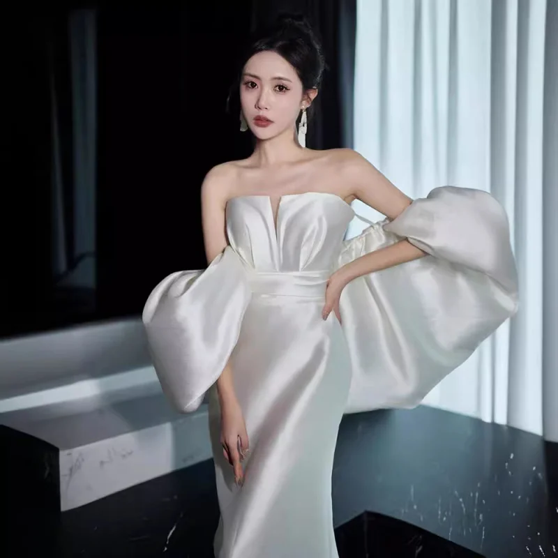 

French Satin Off-Shoulder Light Wedding Dress Bride Niche Simple White Mermaid Greeting Out Dress Wedding Gown