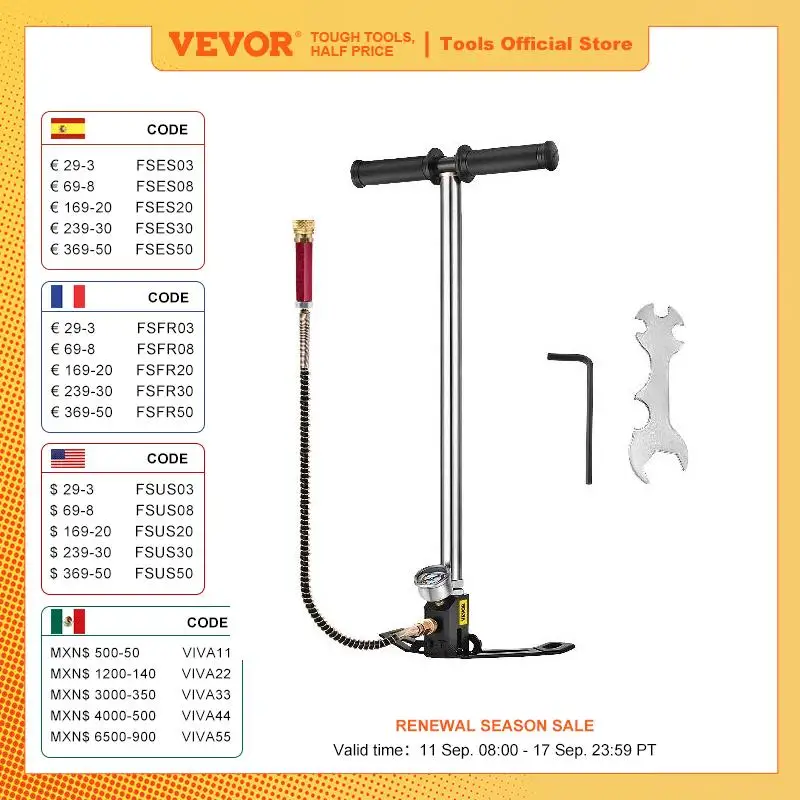 VEVOR Bomba de Aire 4,500 PSI, Inflador de Aire de Bomba con Manómetro de Alta Presión, Inflador de Bomba de Mano de Tres Etapas, Bomba de Aire de Acero Inoxidable de Bicicletas de Pie y Carretera