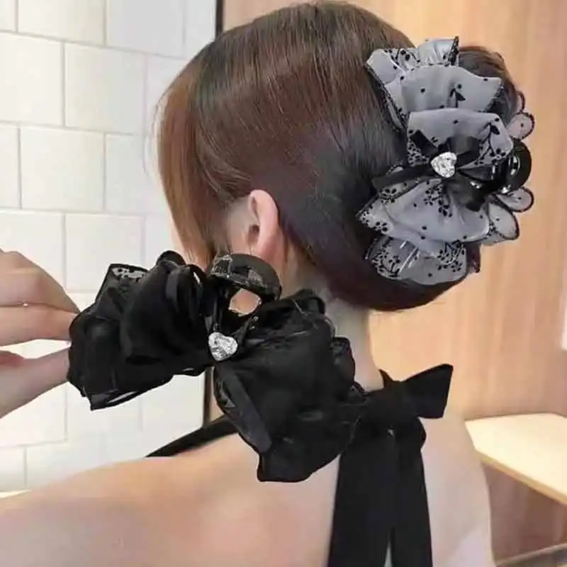 1개 여성용 멀티 컬러 라인스톤 하트 메쉬 리본 헤어 클립 양면 버블 그립 푹신한 헤어 집게 스타일리쉬 헤어 액세서리