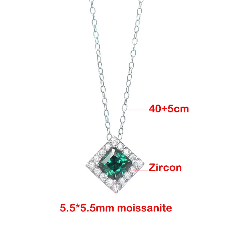 TFGLBU-Pendentif Moissanite Taille Princesse pour Femme, Collier en Argent Sterling S925, Plaqué Platine, Blanc, Vert, Bijoux en Diamant, 1CT