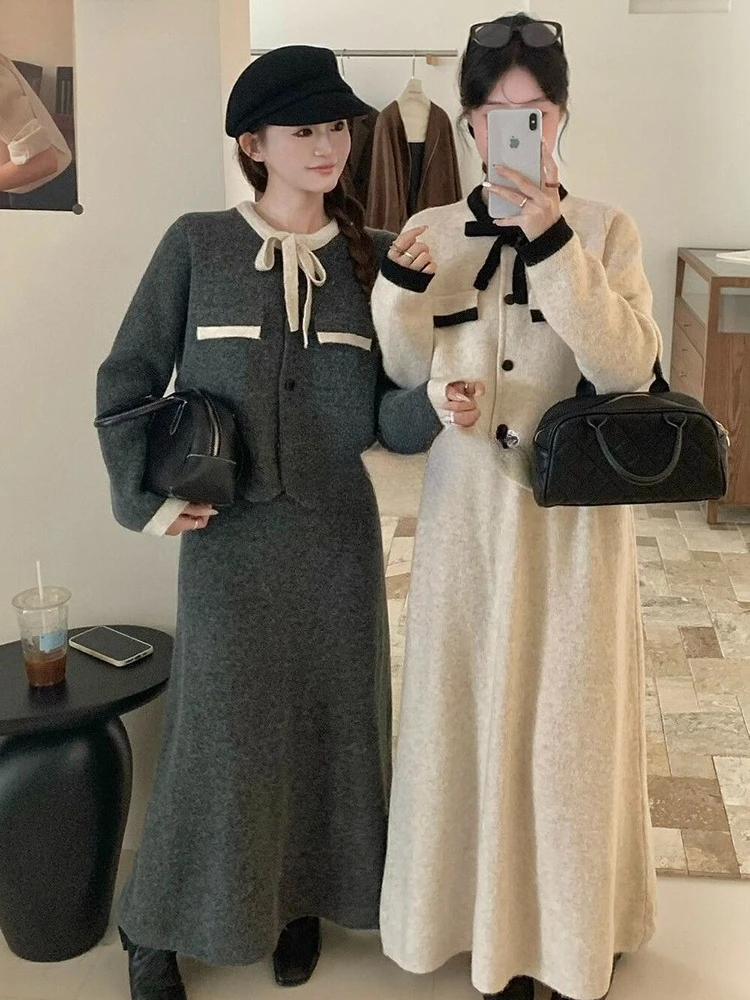 

Маленький ароматный стиль, утягивающий комплект из двух предметов, женский модный кардиган с круглым вырезом и цветными блоками + полуюбка с высокой талией