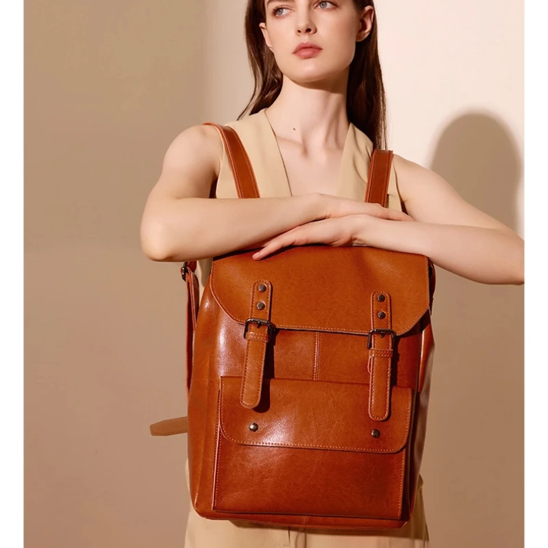 Women Genuine Leather Backpack Durable Cowhide Laptop Bag 14 Inch Multiple Pocket British Vintage College Style Unisex Rucksack