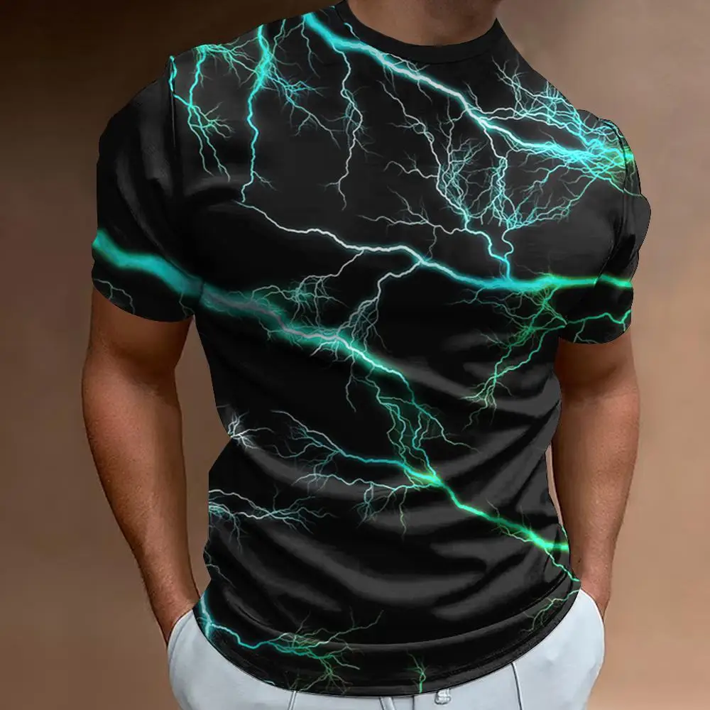 Lightning Pattern Print Short Sleeve T-Shirt For Men Fashion Men's T-Shirt Street Casual Male Clothes Loose Oversized Tees 2024